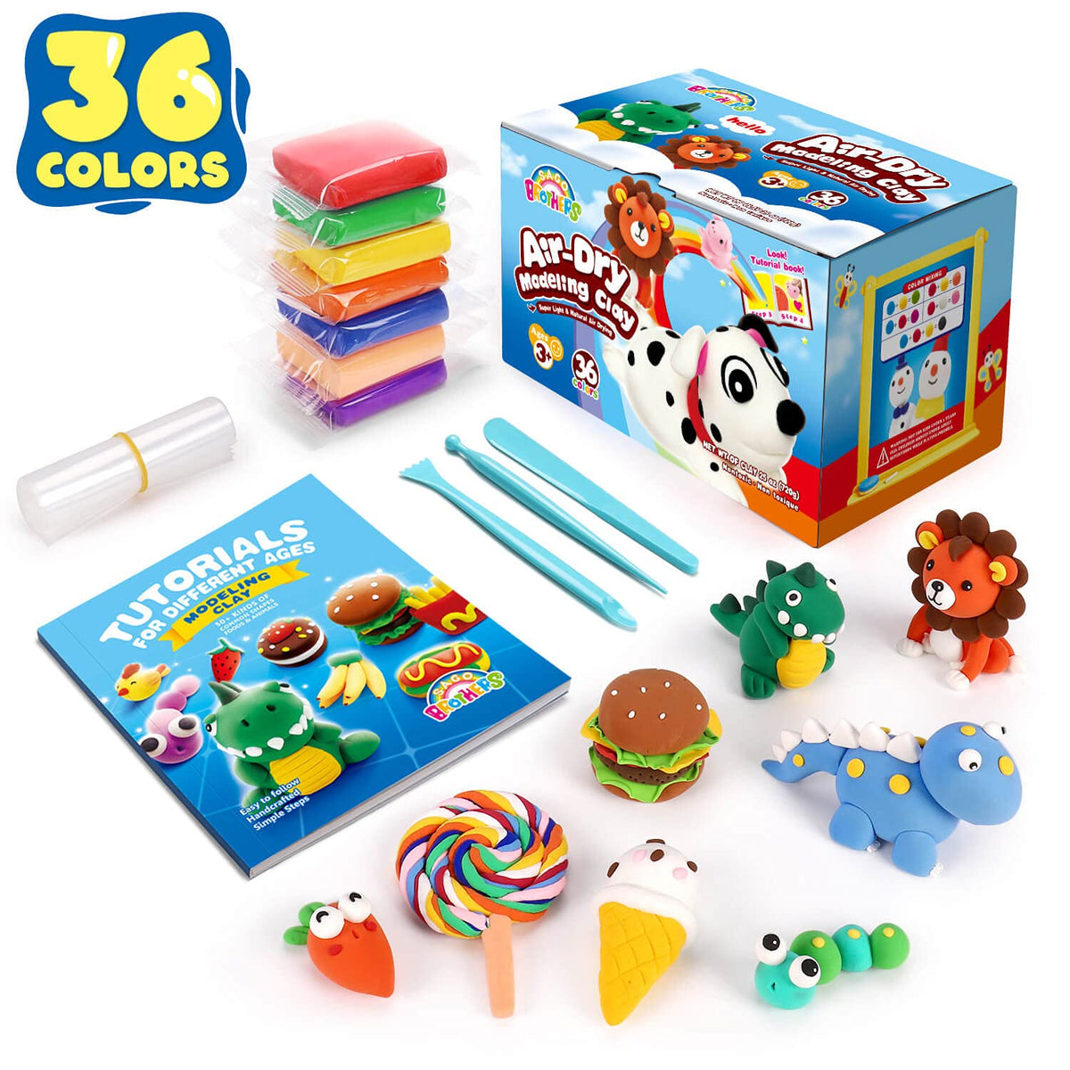 Sago Brothers 36-color air dry clay palette for creative play and color exploration.