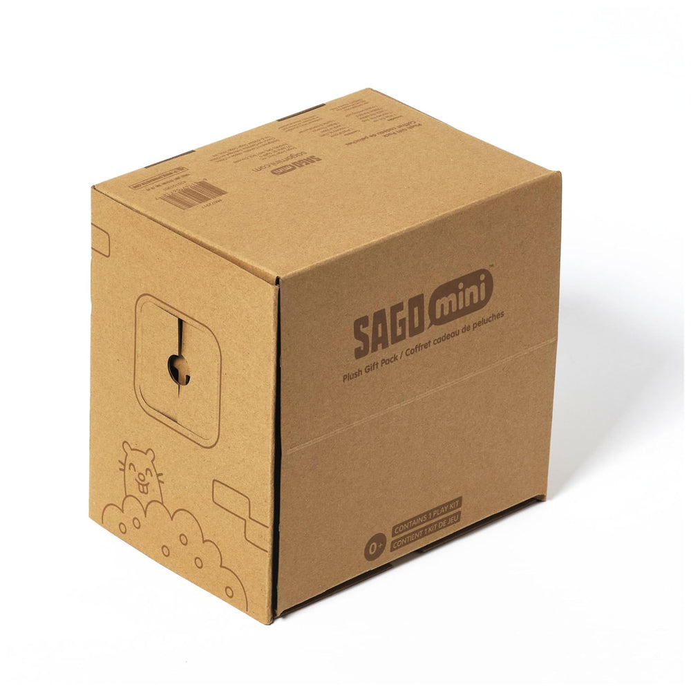Sago Mini gift pack box showing four plush toys and the transforming box