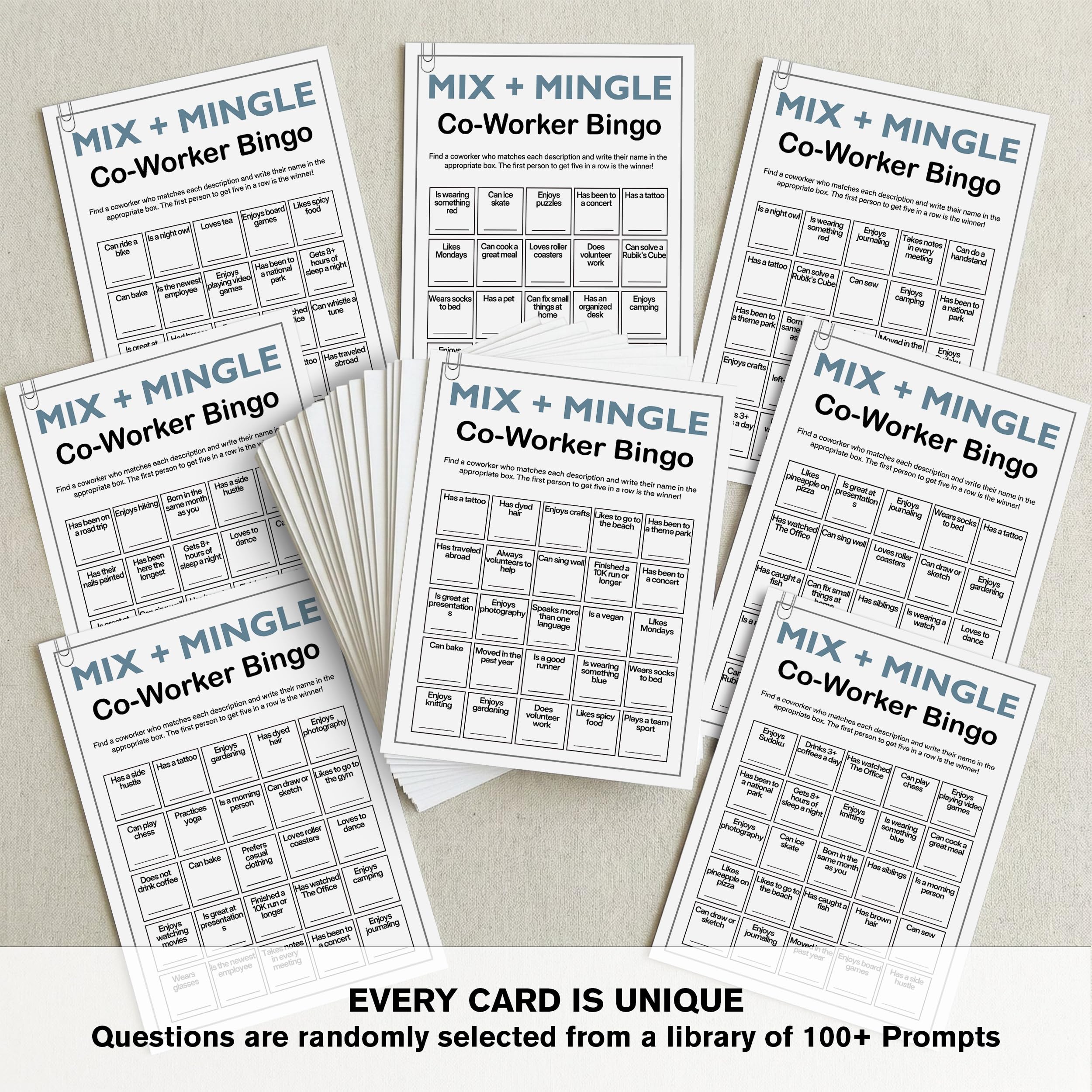 Sahjzk Office Bingo boosts connection and conversation at work.