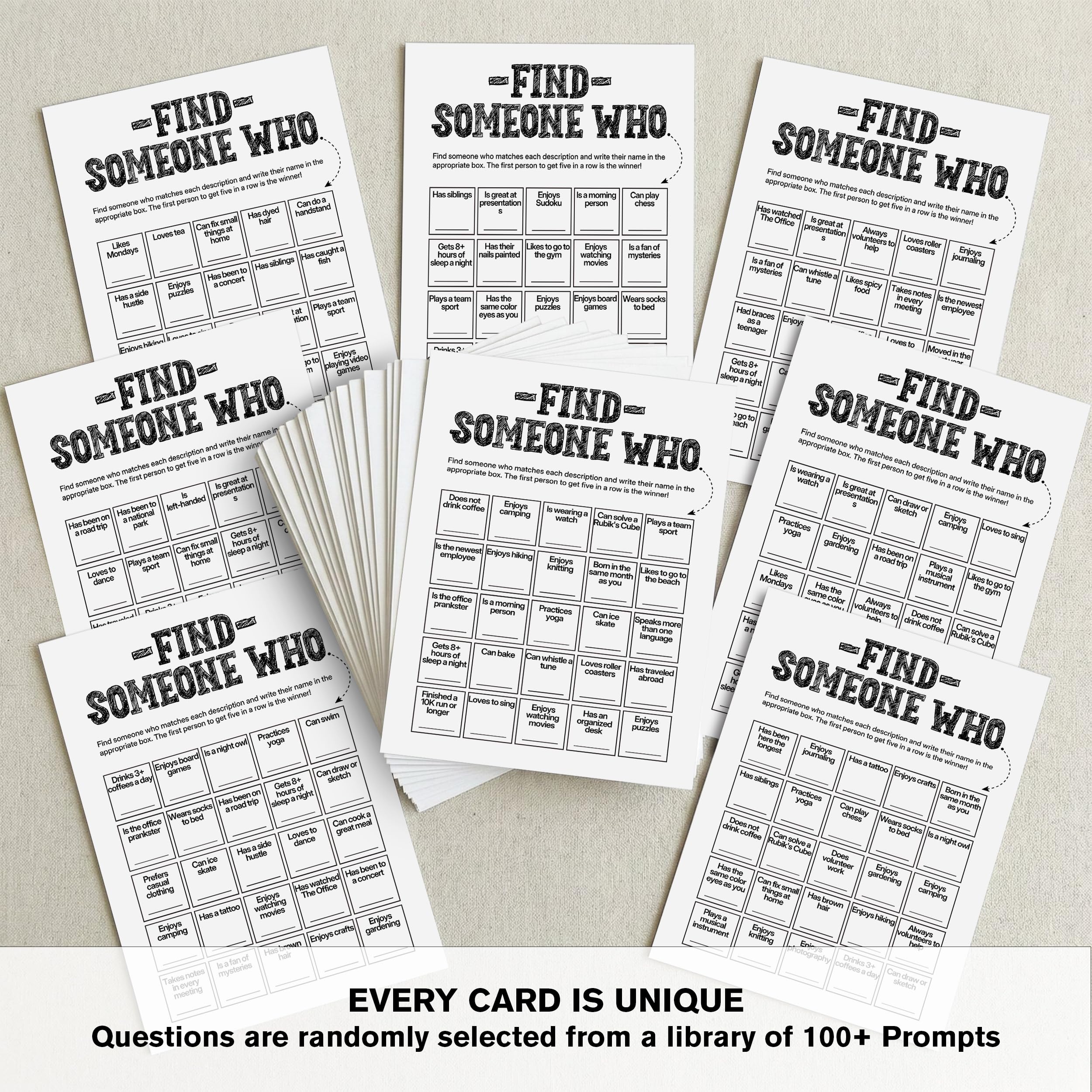Sahjzk Office Bingo Cards act as conversation starters to ease group dynamics