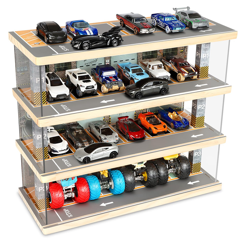 Saichotoy Hot Wheels storage front view shows sturdy pine wood and bright LEDs.