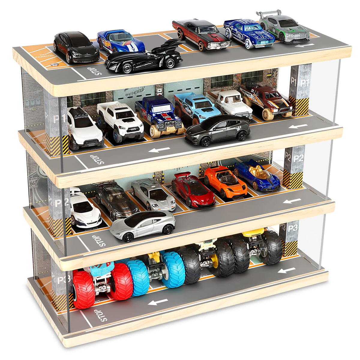Saichotoy Hot Wheels storage front view shows sturdy pine wood and bright LEDs.