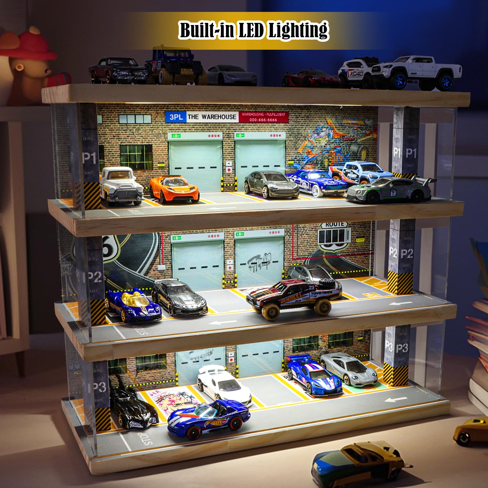 Saichotoy LED lighting brightens each level for clear viewing.