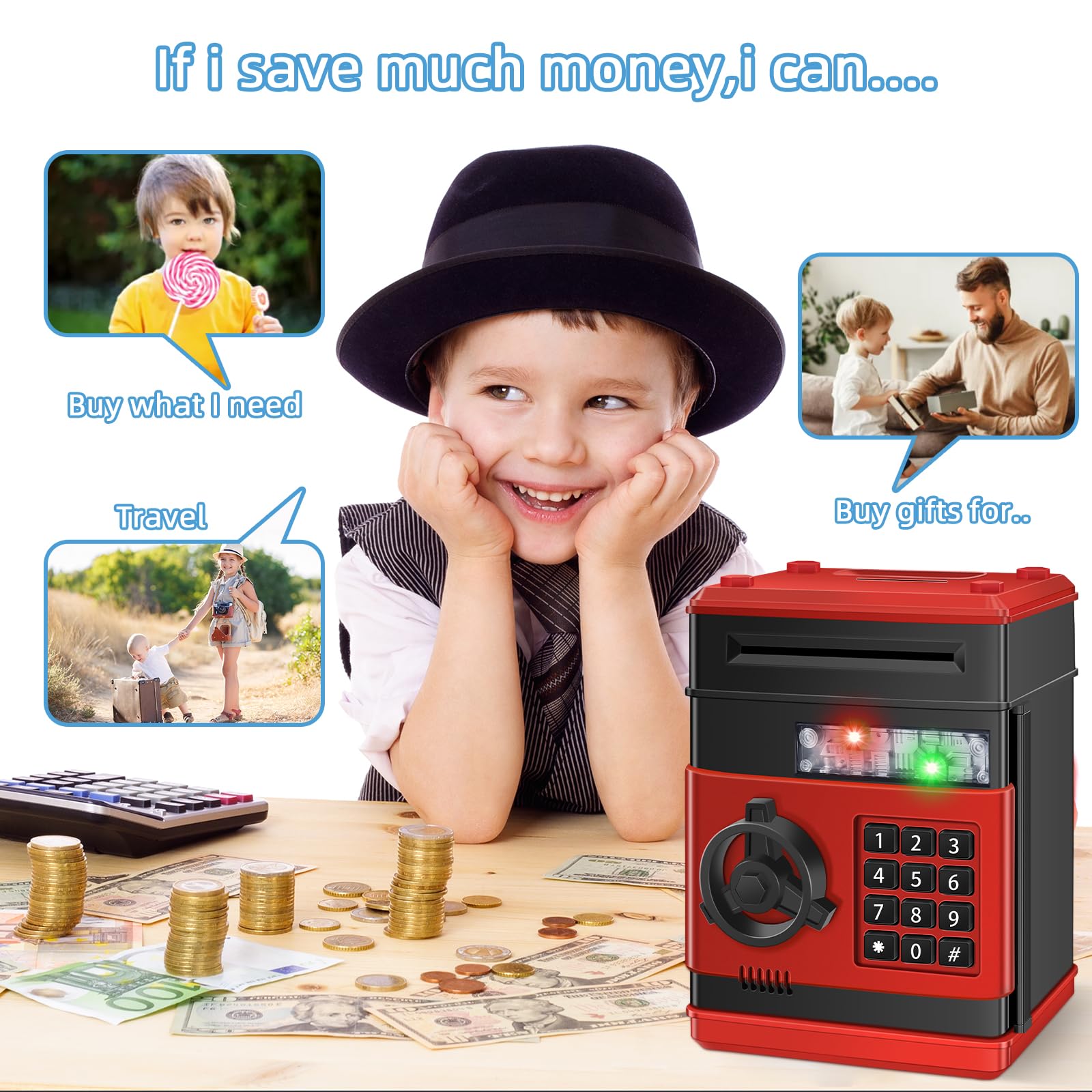 Saidrip piggy bank with a four-digit password for secure access.