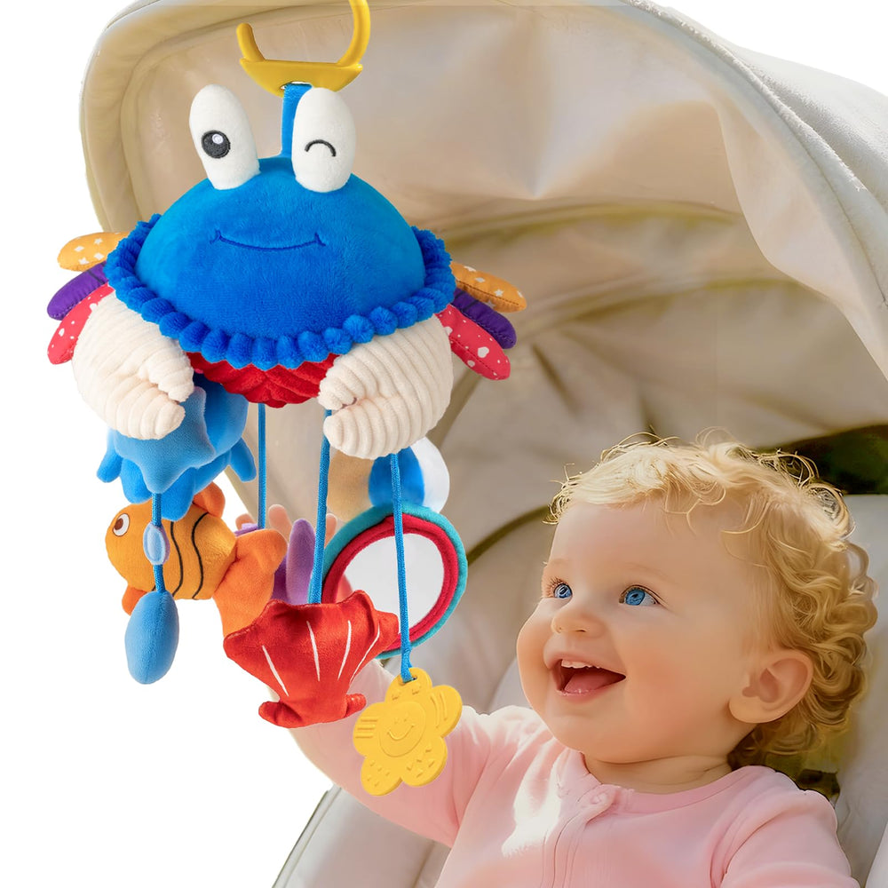 SAIMAND crab clip-on-baby-toy attaches securely to strollers, car seats, cribs, and play gyms.