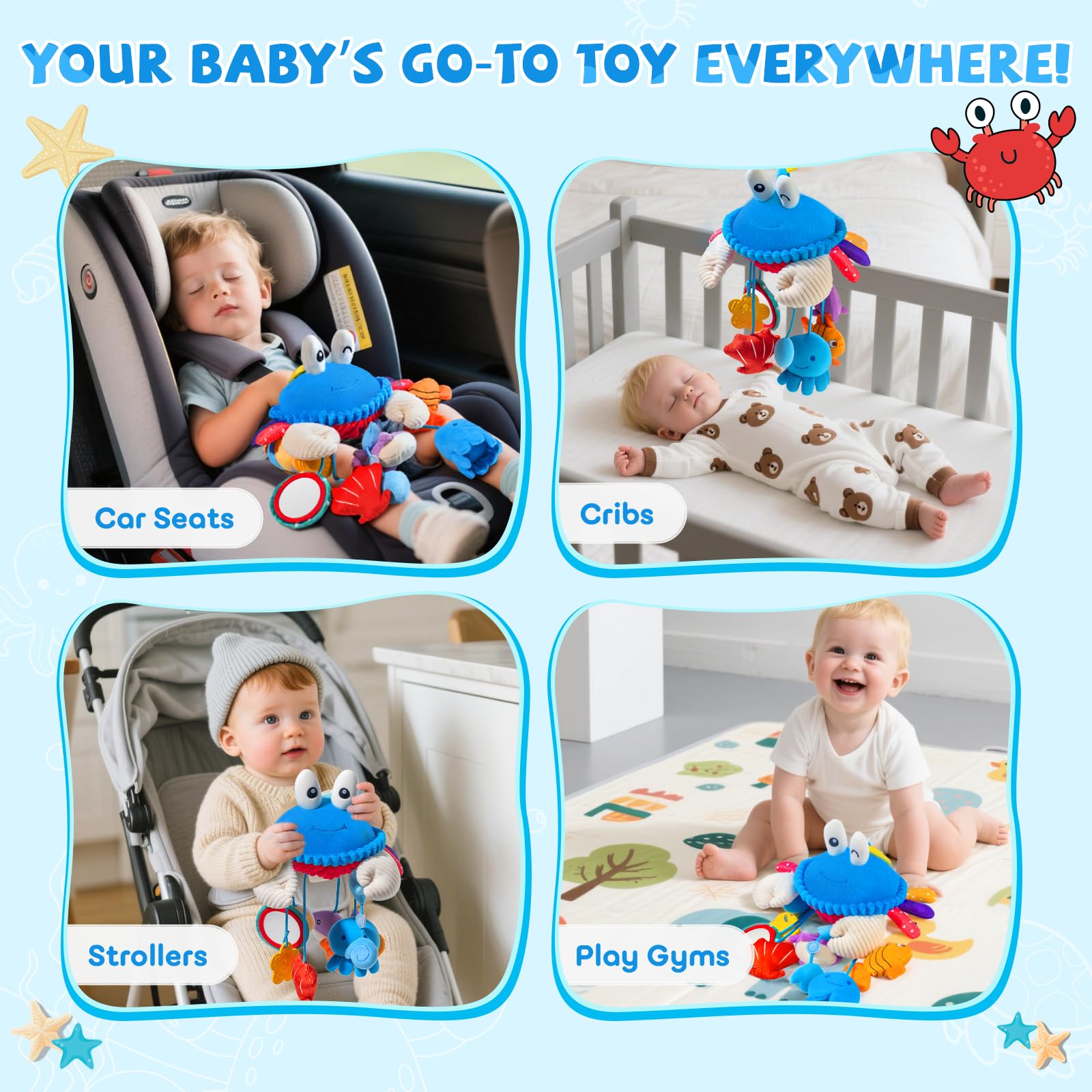 SAIMAND crab crinkly-textures teether offers safe teething relief and multisensory engagement.