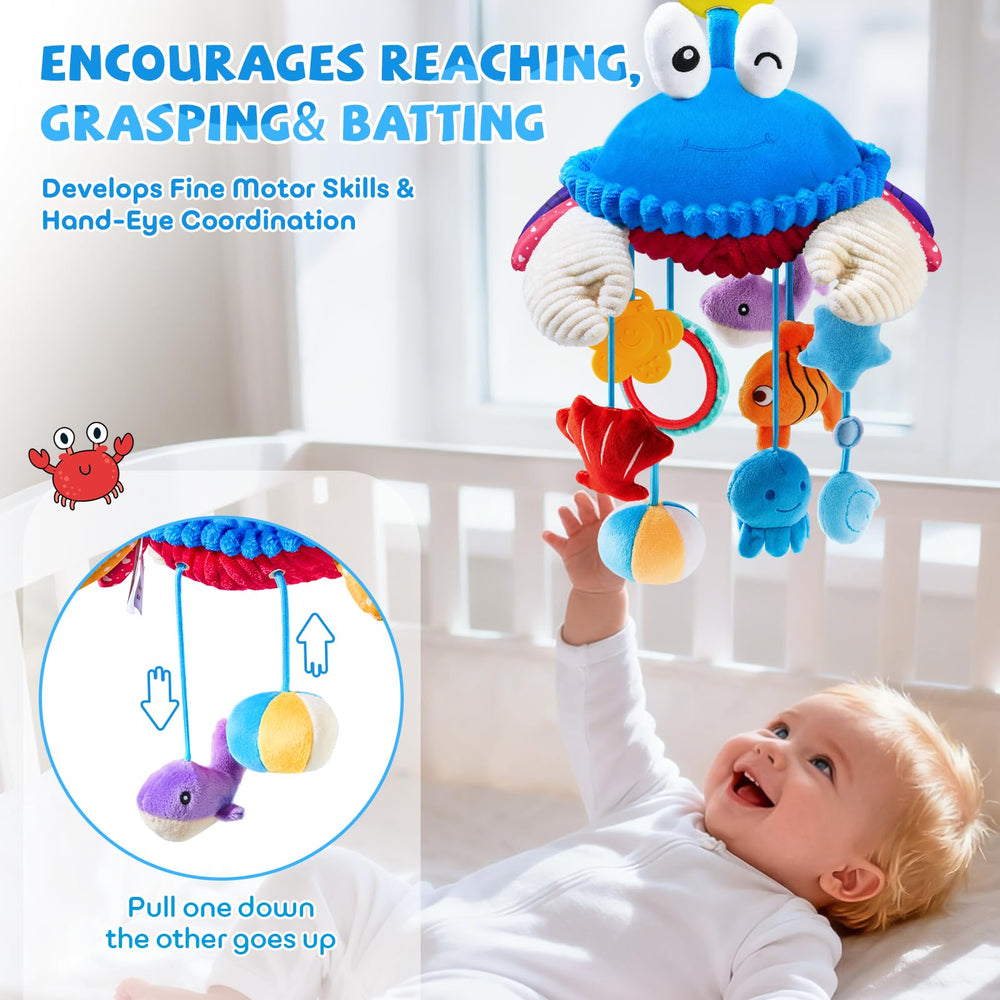 SAIMAND crab mirror-rattle-textures encourages visual tracking and auditory exploration during stroller outings.