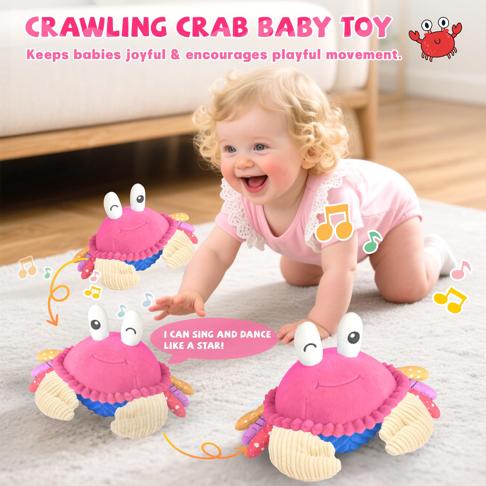 SAIMAND pink crab toy includes a voice recorder for hearing child voices.