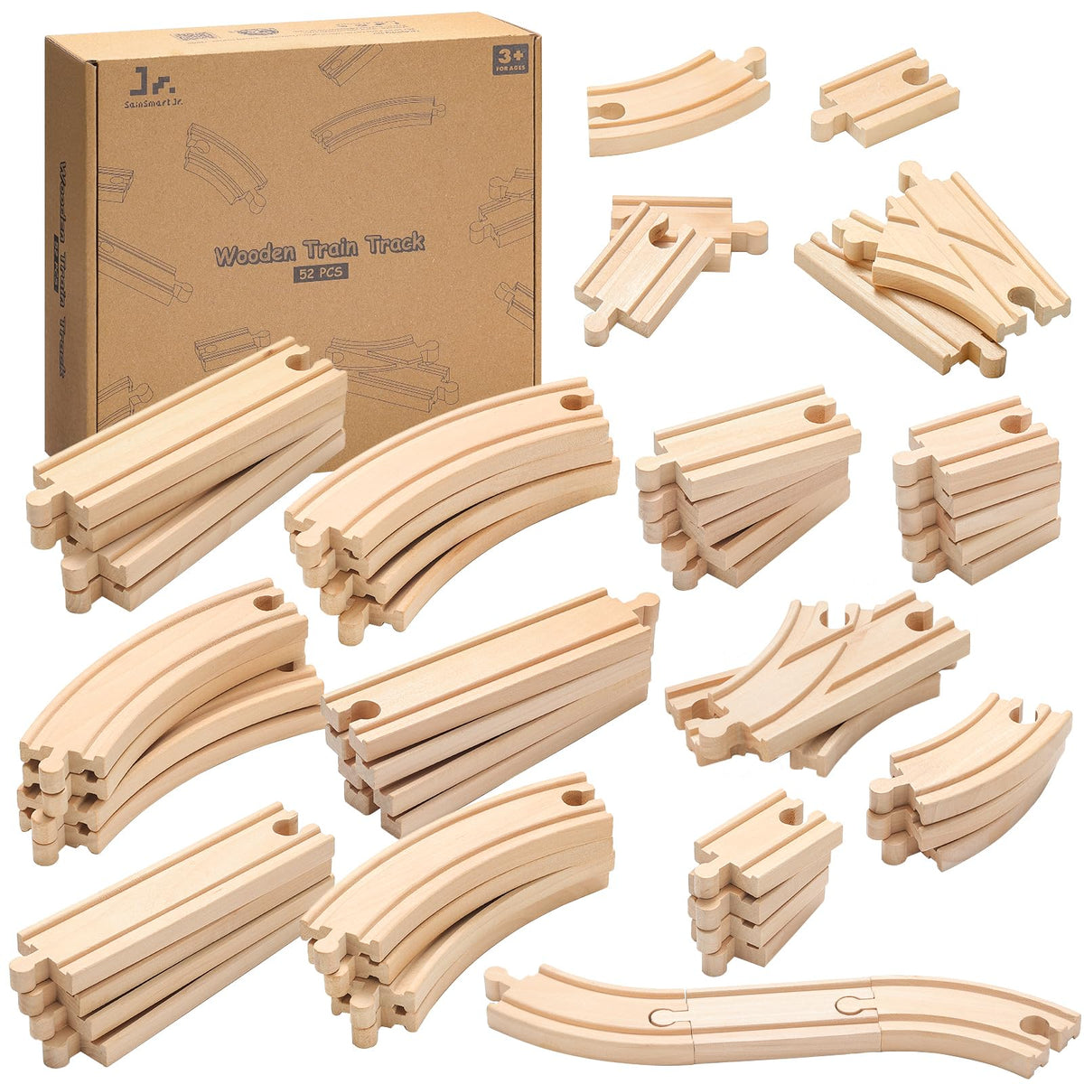SainSmart Jr premium wooden train track pieces for versatile layouts and creative play.