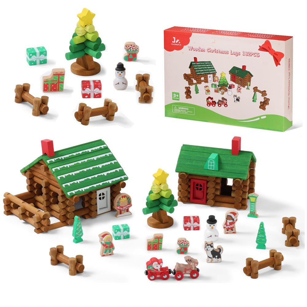 Sainsmartjr Christmas log cabin kit parts for creative holiday play.