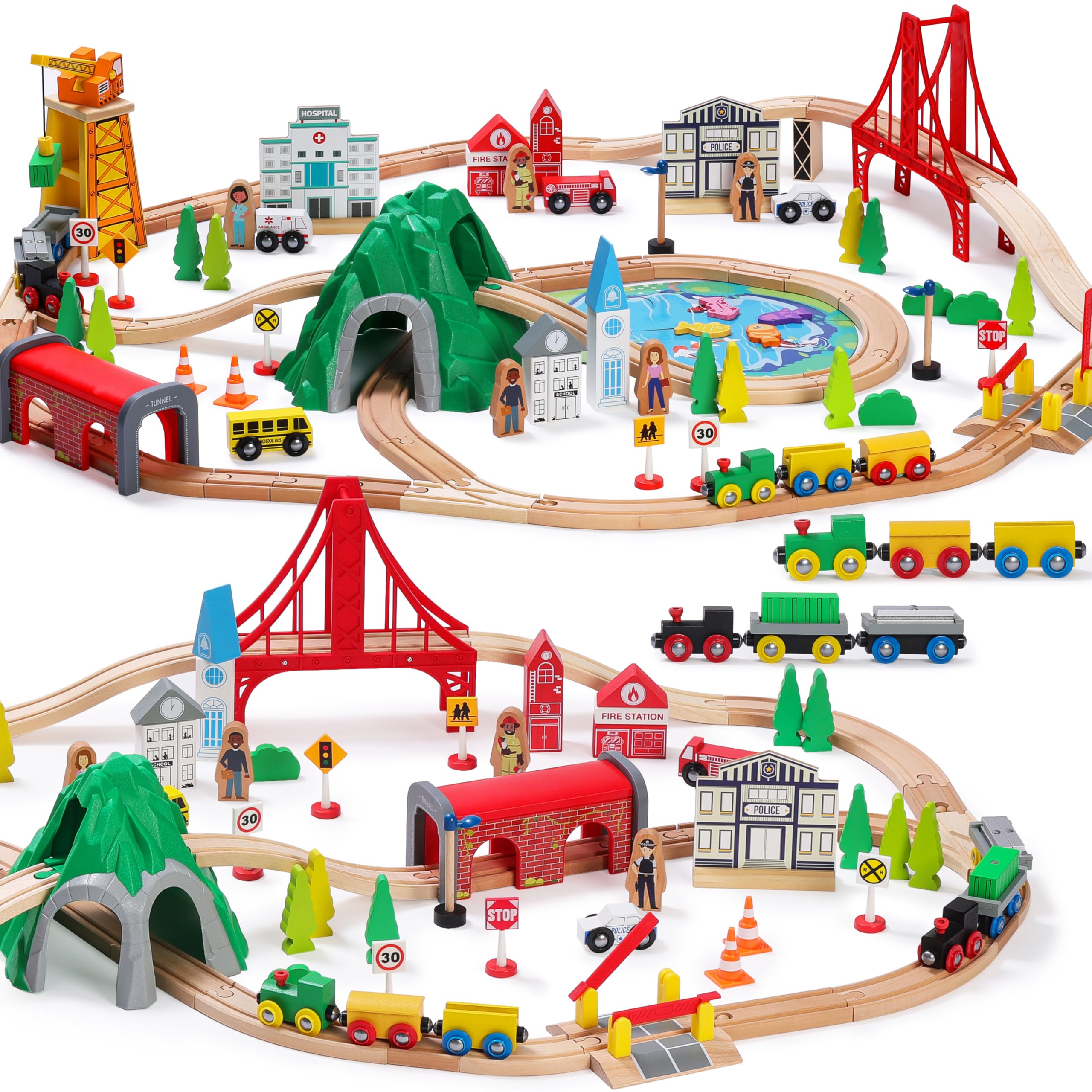 SainSmart Jr. 112-piece wooden train set with colorful tracks for imaginative play