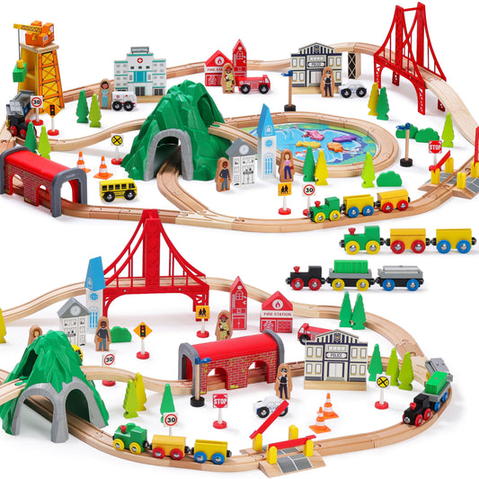 SainSmart Jr. 112-piece wooden train set with colorful tracks for imaginative play