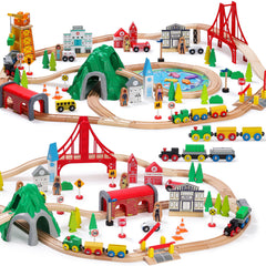 SainSmart Jr. 112-piece wooden train set with colorful tracks for imaginative play