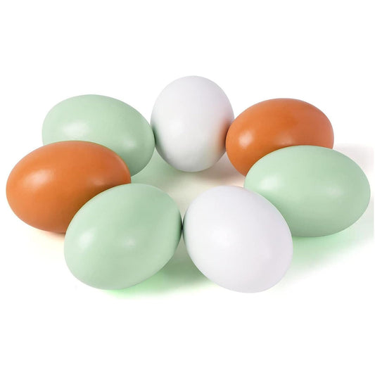 SallyFashion wooden fake eggs collection in 3 colors for crafts and decor.
