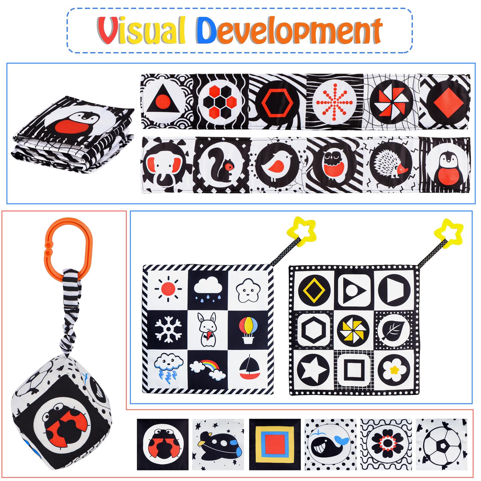 SAMMAS black and white high-contrast toy visual 2 stimulates tracking and early sensory development.