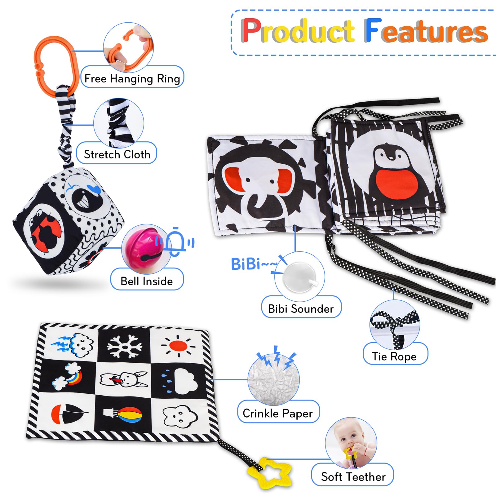 SAMMAS sensory cloth book with teether supports grasping and soothing for babies.