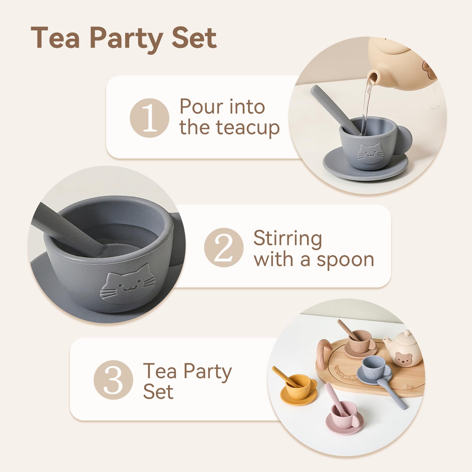 Samonyed silicone coasters protect surfaces during imaginative tea party play.
