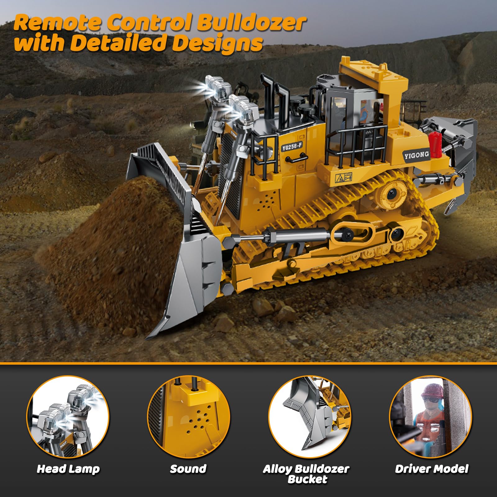 Samtop Bulldozer headlights flash to enhance nighttime play experiences.