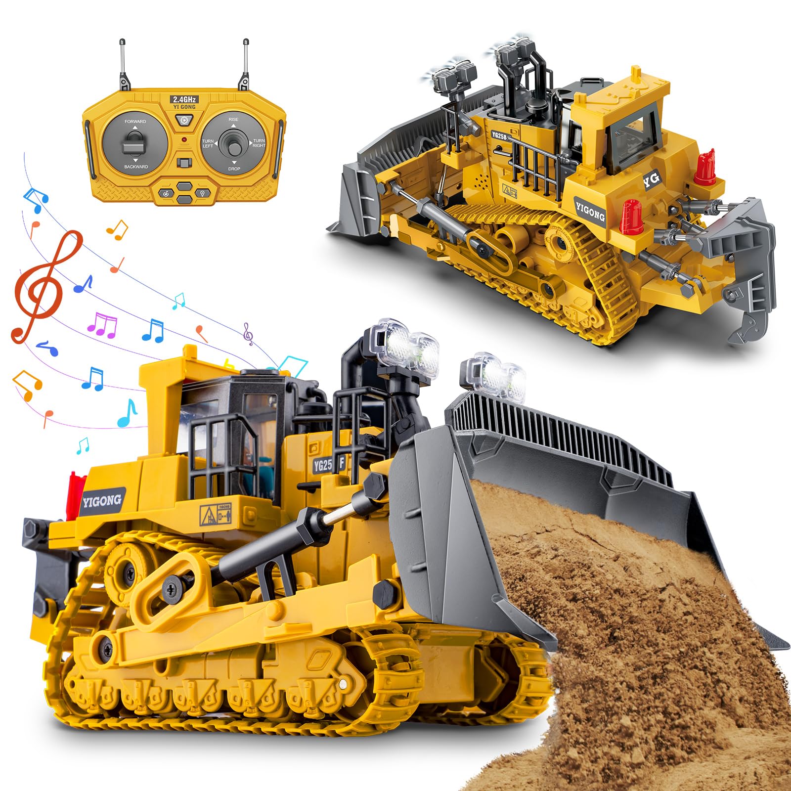 Samtop RC Bulldozer with metal shovel close-up showing durability and realism.