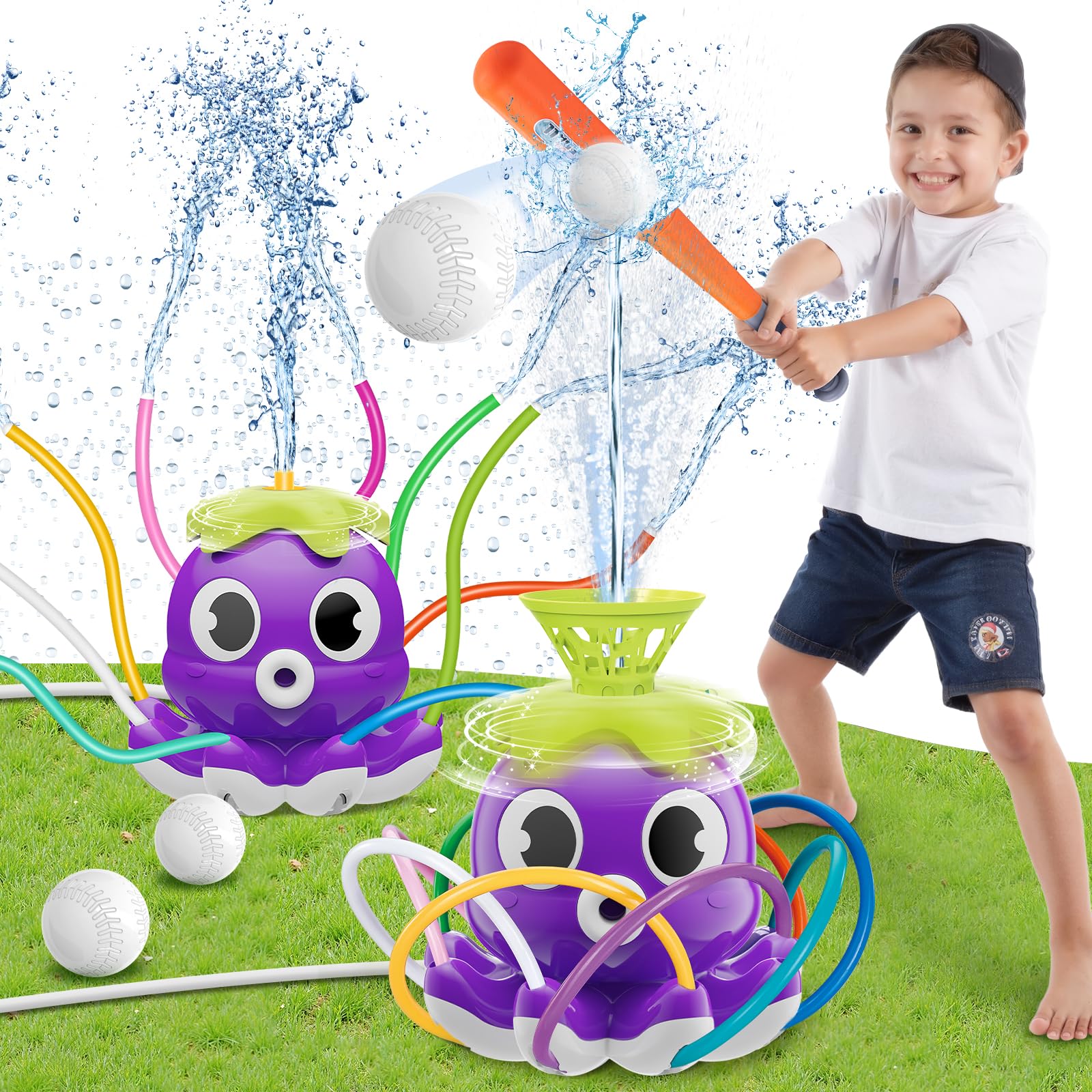 Samtop water sprinkler octopus with colorful tubes cooling kids outdoors.