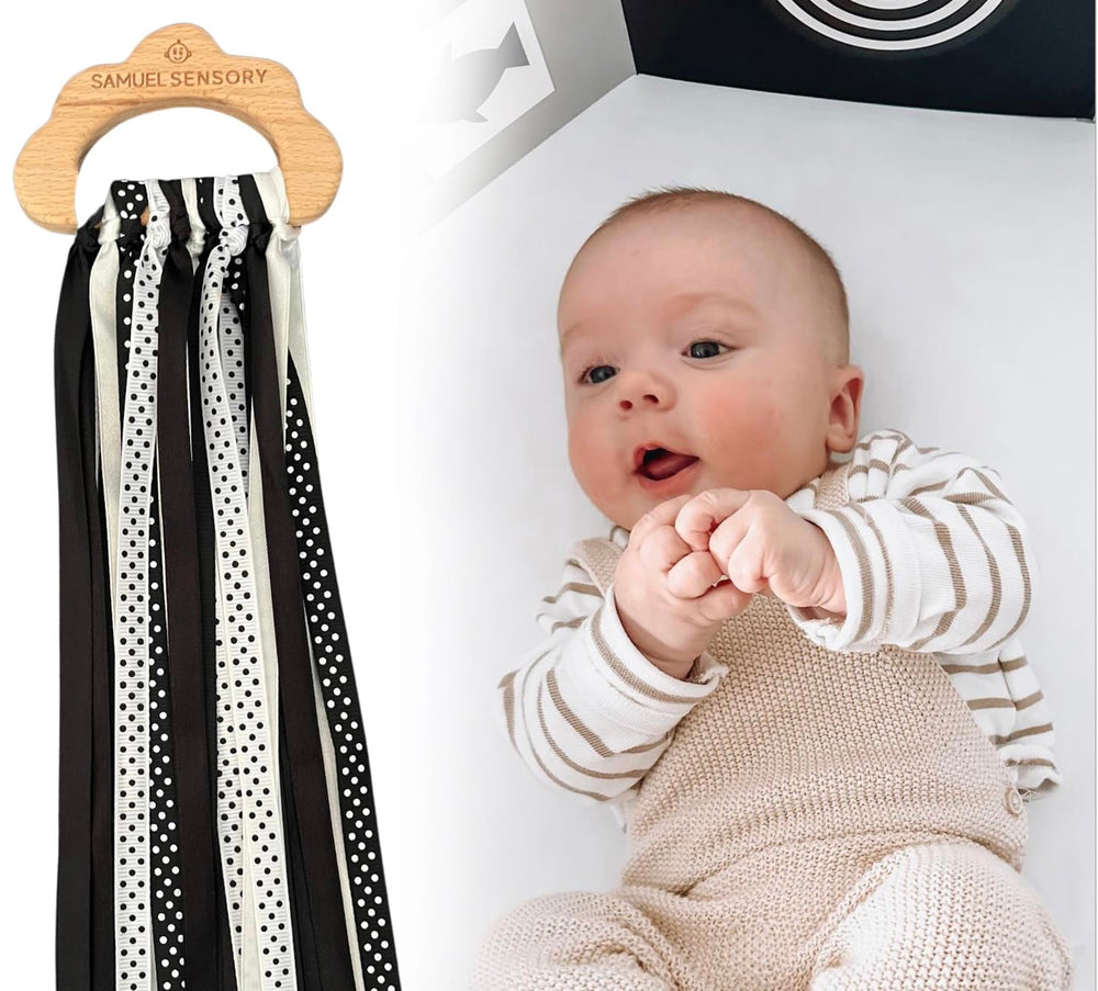 Samuel Sensory Cloud Ribbon Toy offers high-contrast visuals for tracking during quiet play