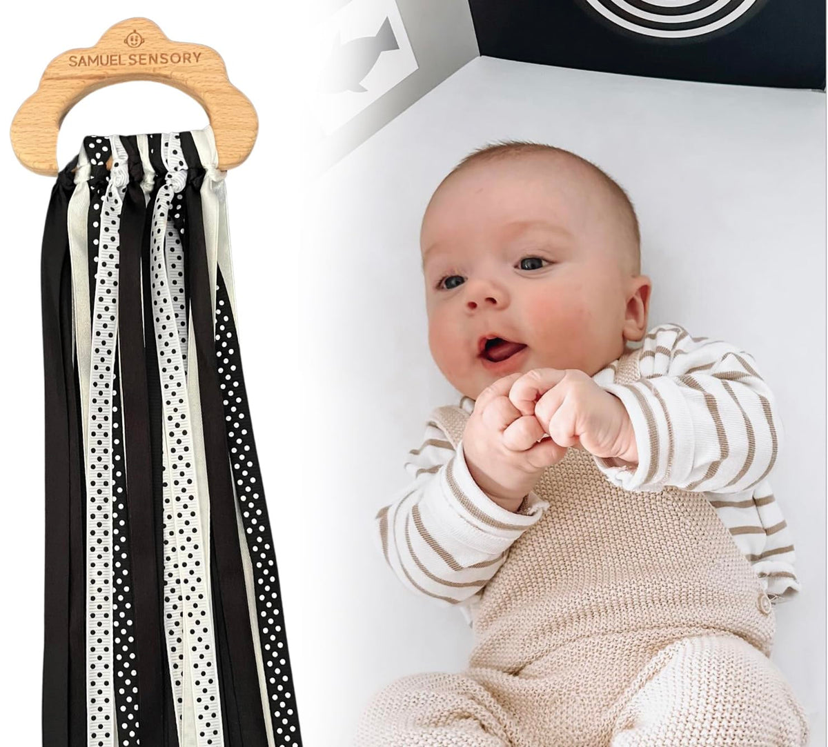 Samuel Sensory Cloud Ribbon Toy offers high-contrast visuals for tracking during quiet play