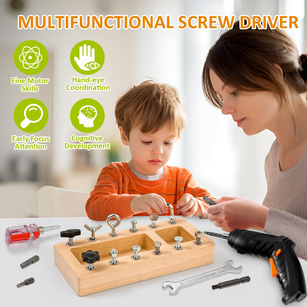 SANANT Montessori screwdriver board screws promote sequencing and problem solving during play.