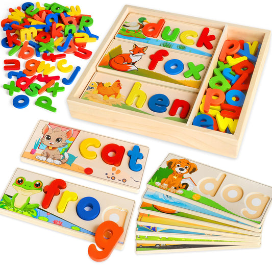 SANANT Wooden See & Spell letters on CVC cards for early reading practice.