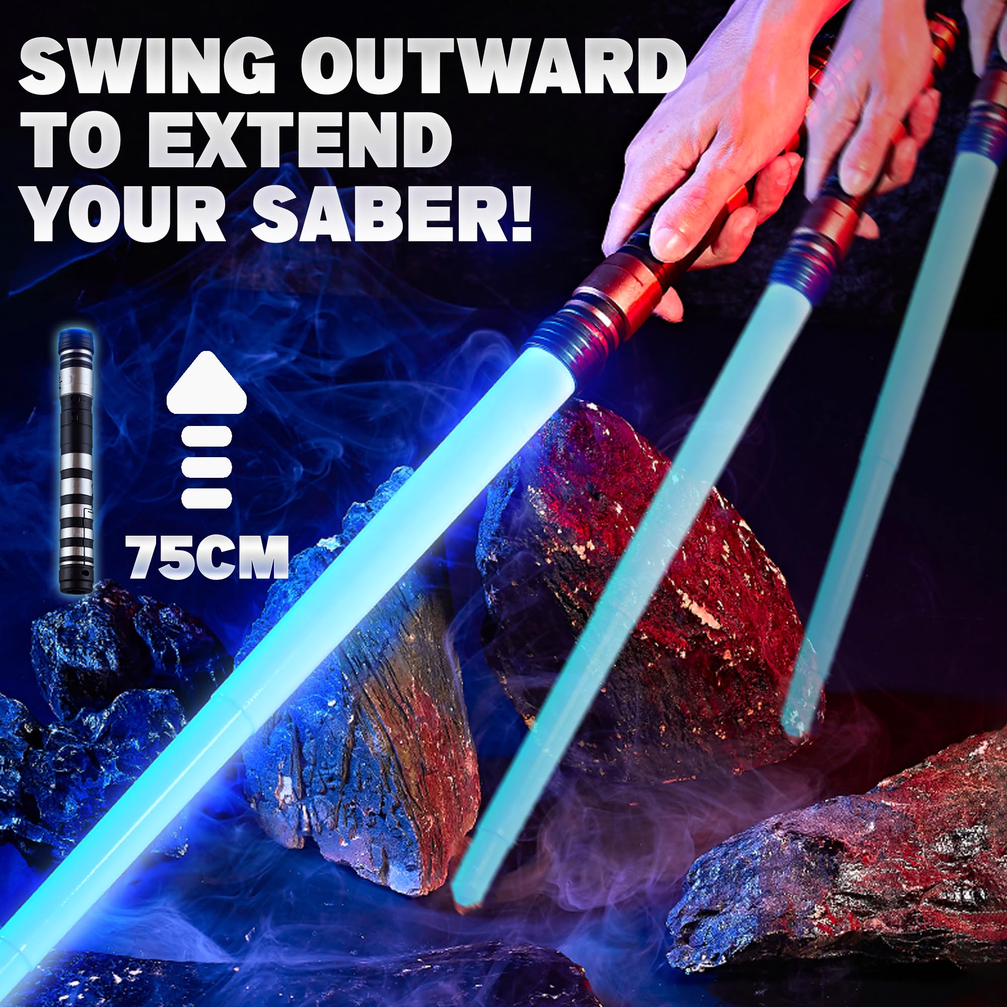 SANCO retractable sabers extend from 10 to 30 inches for dynamic action scenes