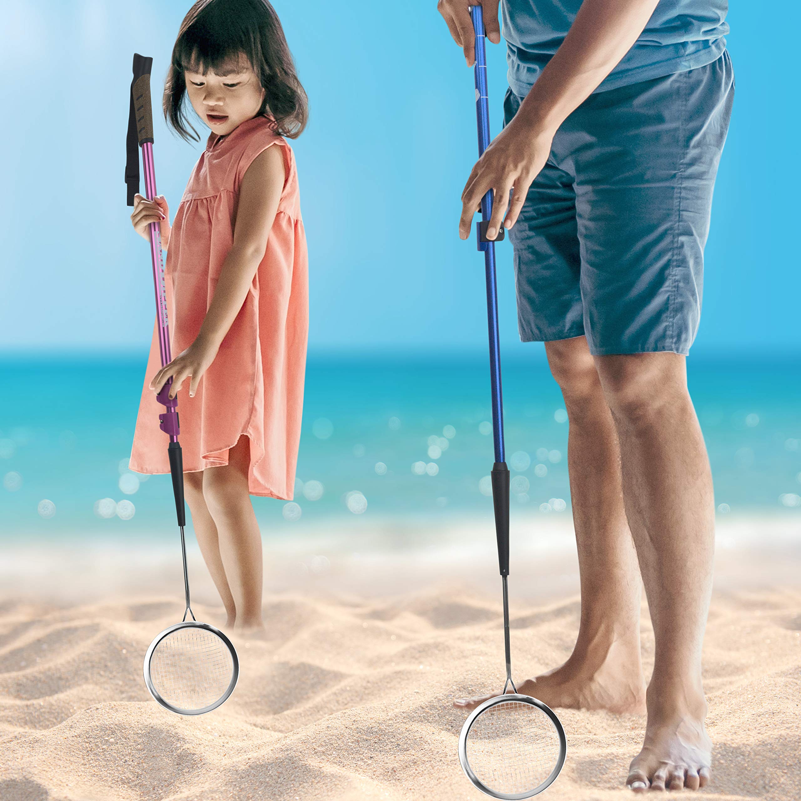 Sand Dipper adjustable beach scoop blue with quick switch to walking stick.