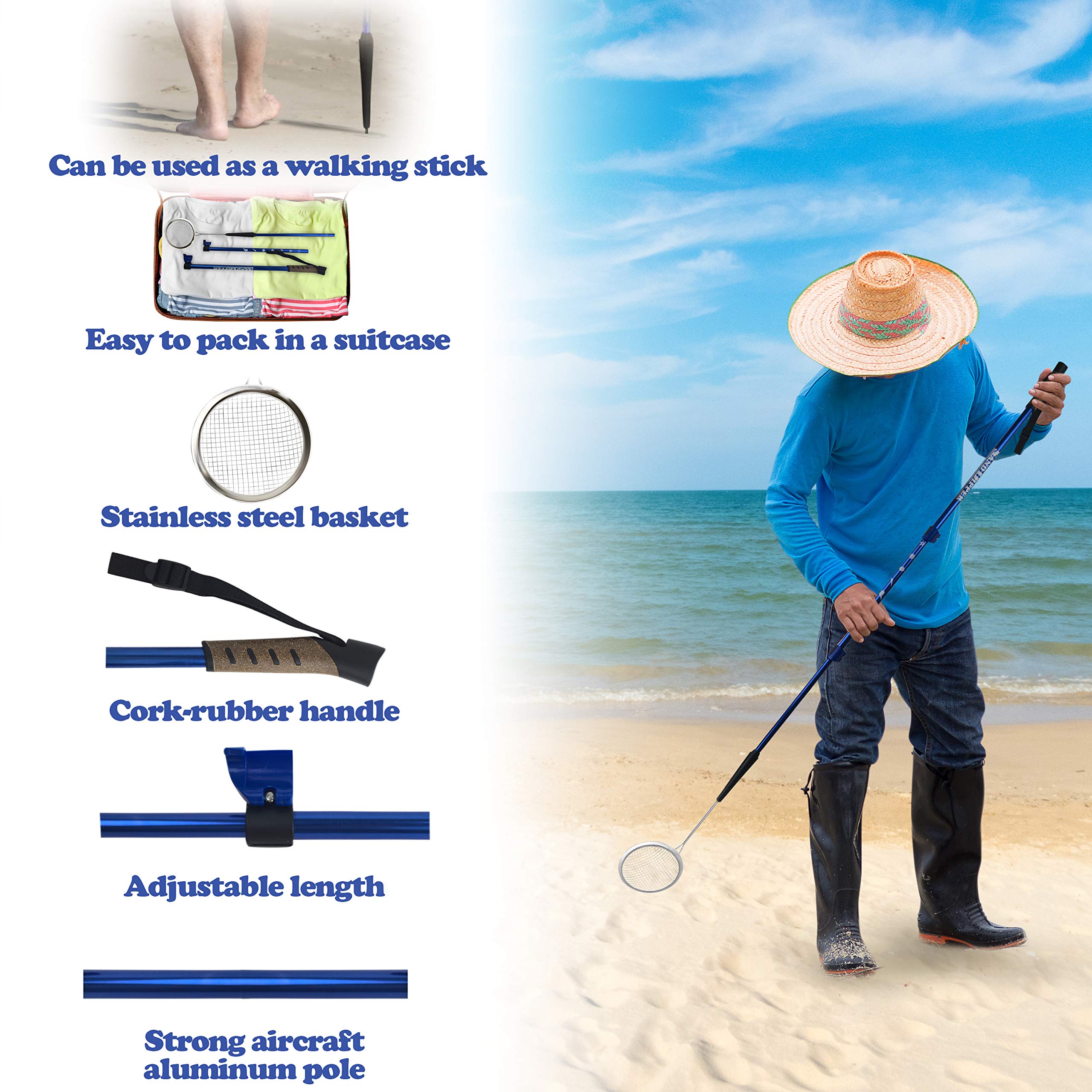 Sand Dipper quick-disassemble basket converts to a light walking stick.