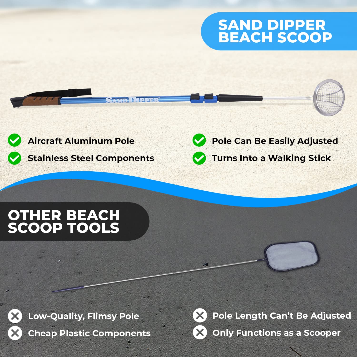 Sand Dipper stainless steel scooper basket resists saltwater during shell collecting.