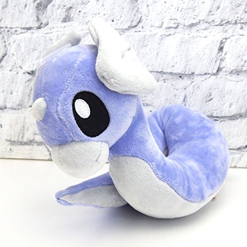 Sanei Dratini plush face detail showing purple eyes and fins