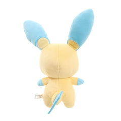 Sanei Minun plush close-up highlights blue cheeks and minus sign, ideal as a gift.