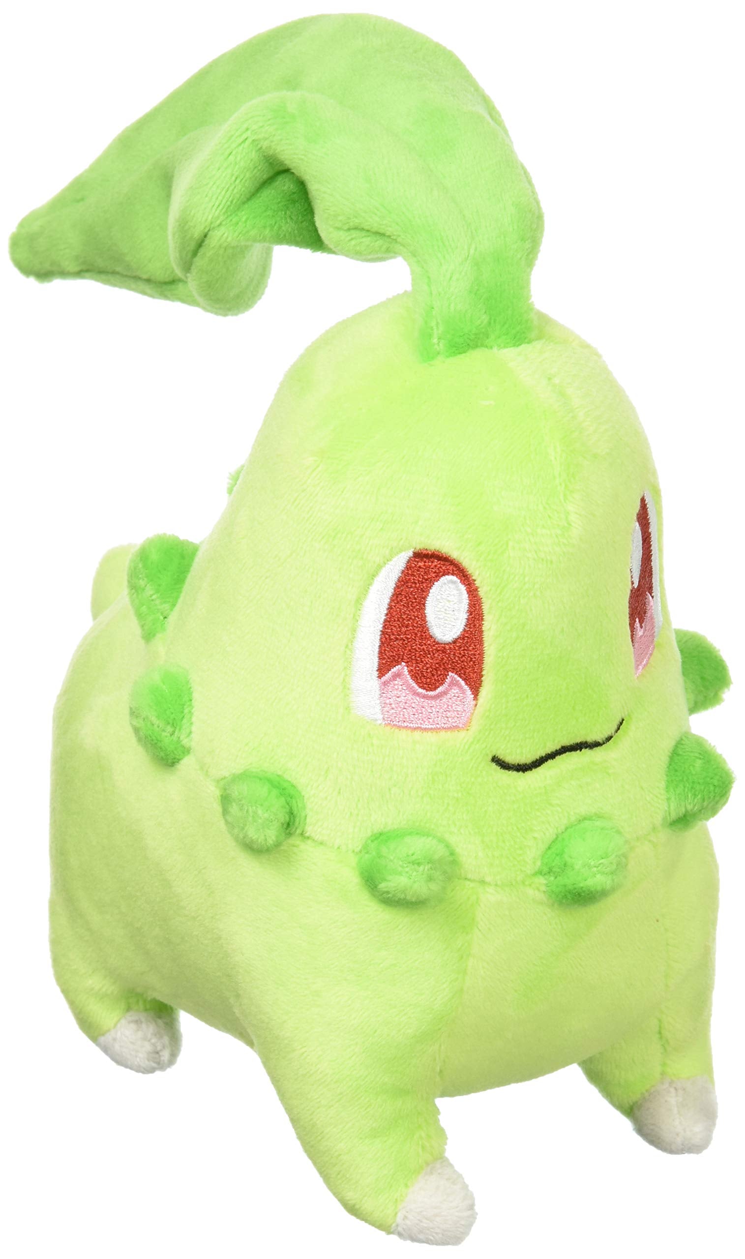 Sanei Chikorita plush front view with leaf crown; soft cuddle buddy for fans.