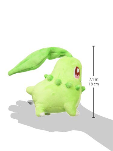 Sanei Chikorita plush angled shot; ideal for collection display and cozy companionship.