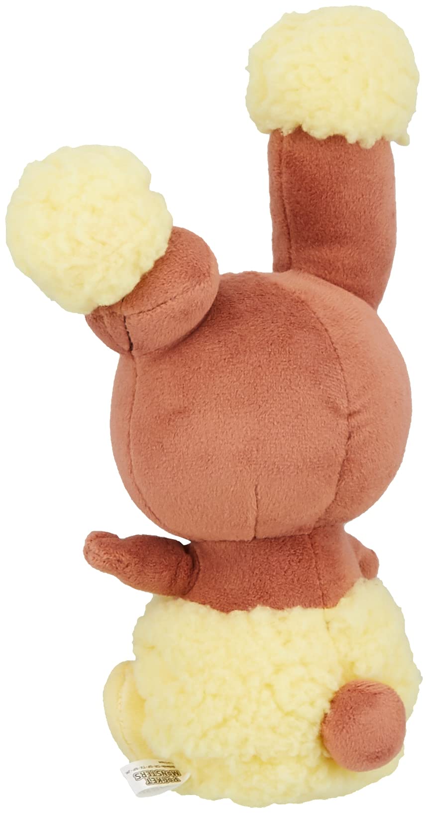 Sanei Pokemon Buneary plush curled-ear close-up with pink nose and paw pads.