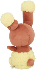 Sanei Pokemon Buneary plush curled-ear close-up with pink nose and paw pads.