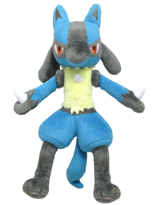 Sanei Lucario plush – side view, perfect cuddle companion during gaming nights.