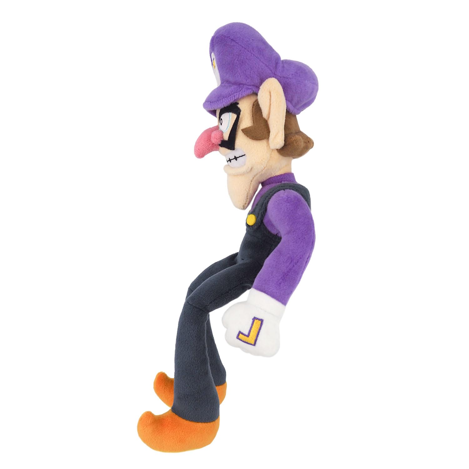 Sanei Waluigi plush close-up shows embroidery and branding