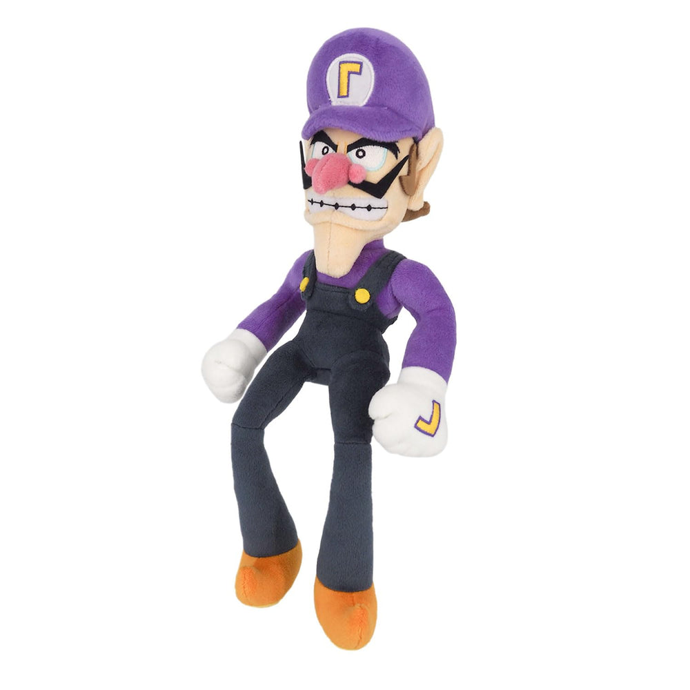 Sanei Waluigi plush front view shows soft fabric and collectible charm