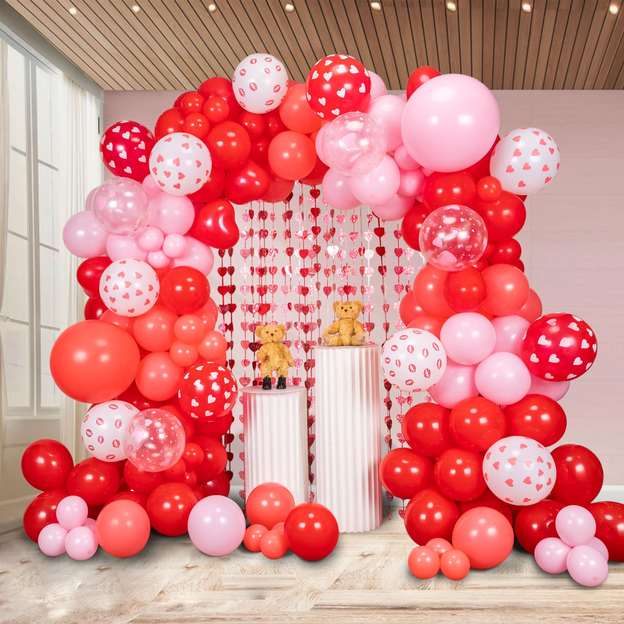 SANERYI pink tinsel curtain creates a sparkling backdrop for photos.