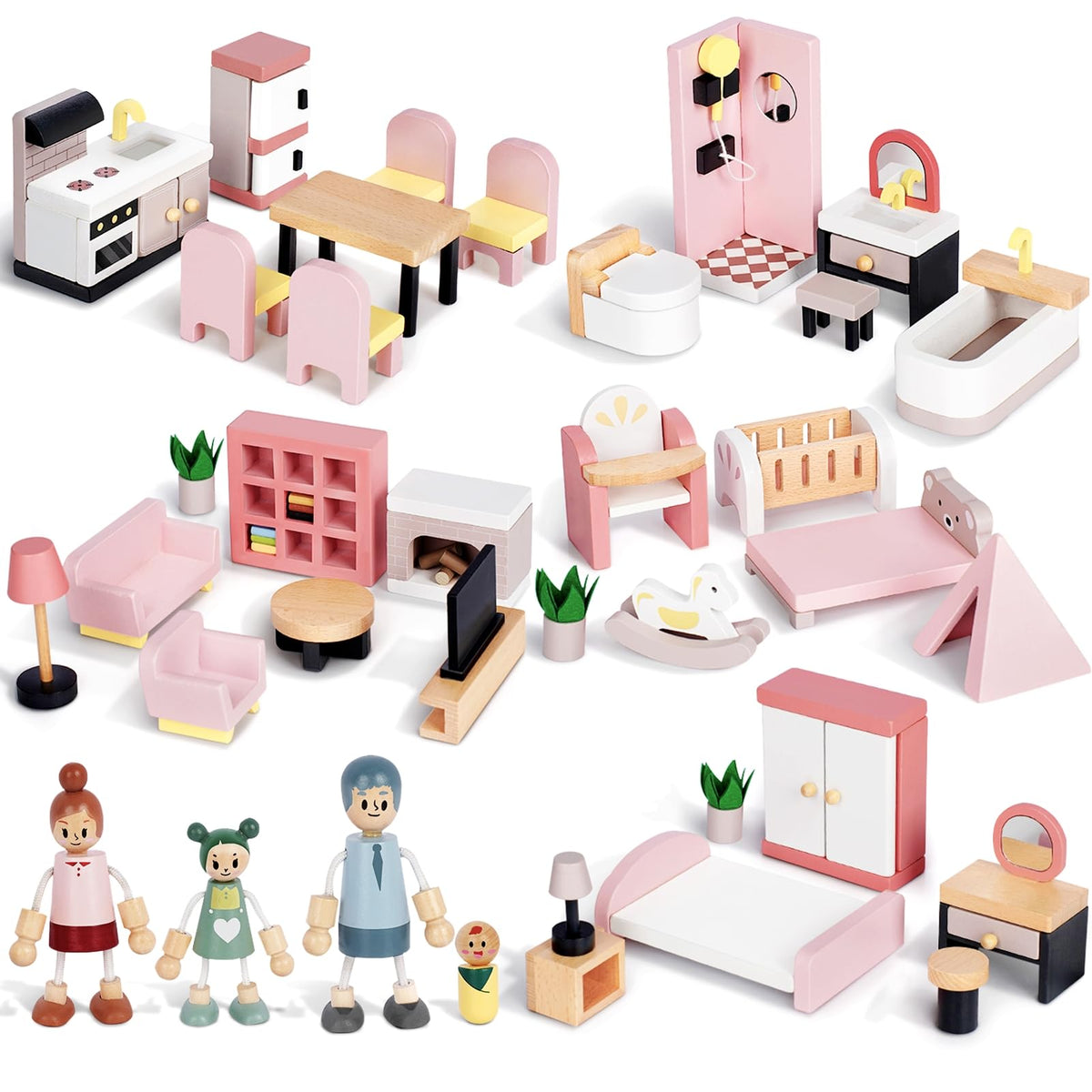 Sanlebi dollhouse bathroom furniture with tiny fixtures for imaginative play.