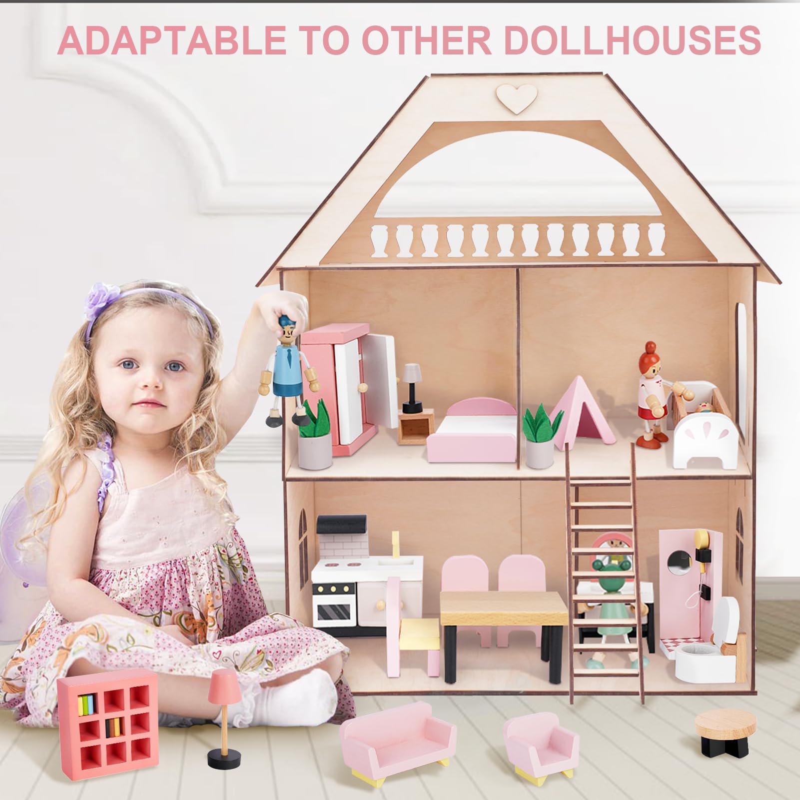 Sanlebi dollhouse dining room furniture set for family meals and role play.