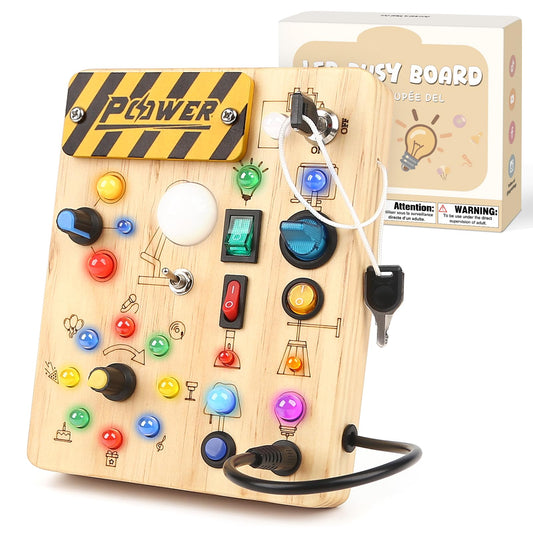 Sanlebi LED busy board for toddlers showing switches to boost fine motor skills