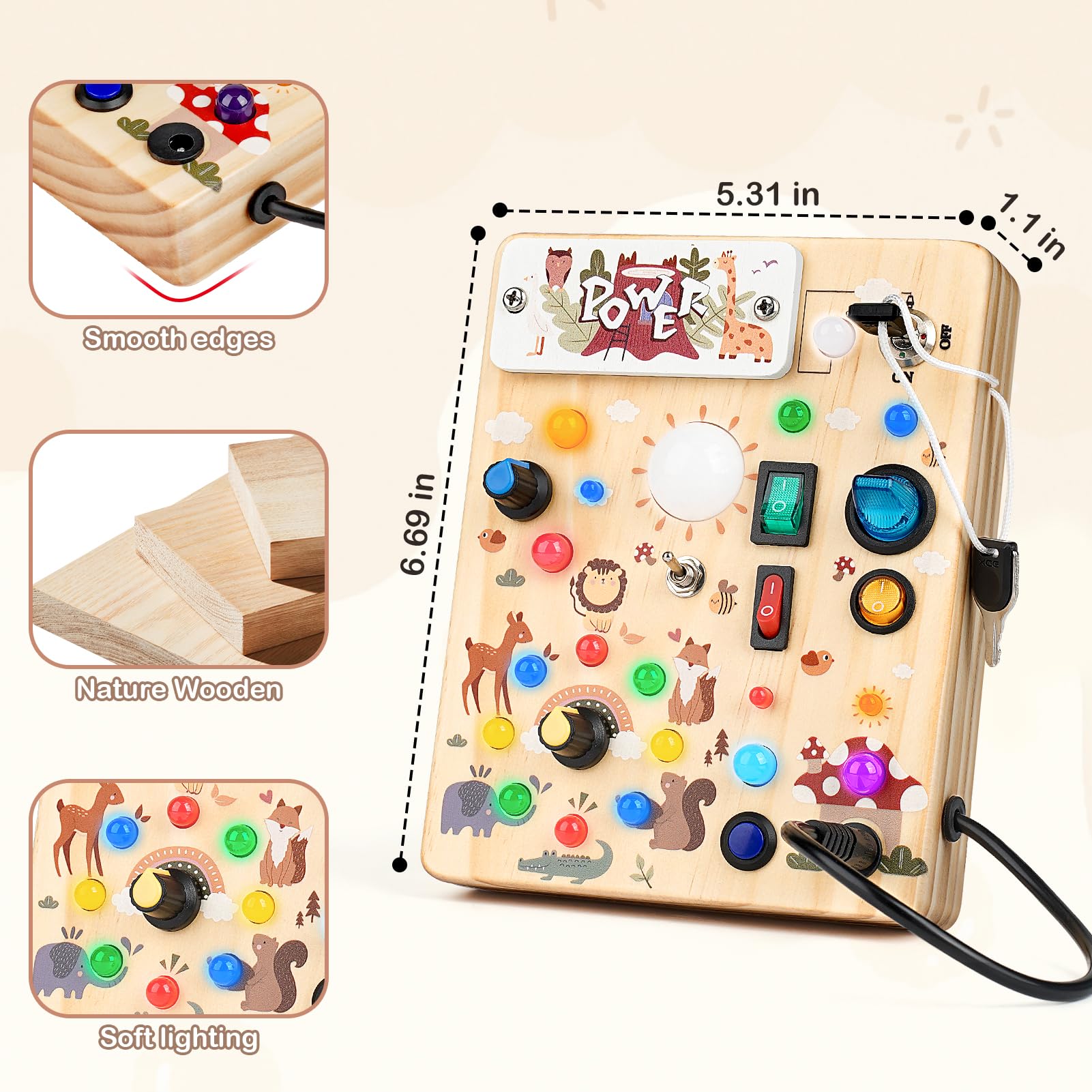 Sanlebi LED Busy Board crafted from wood with rounded edges.