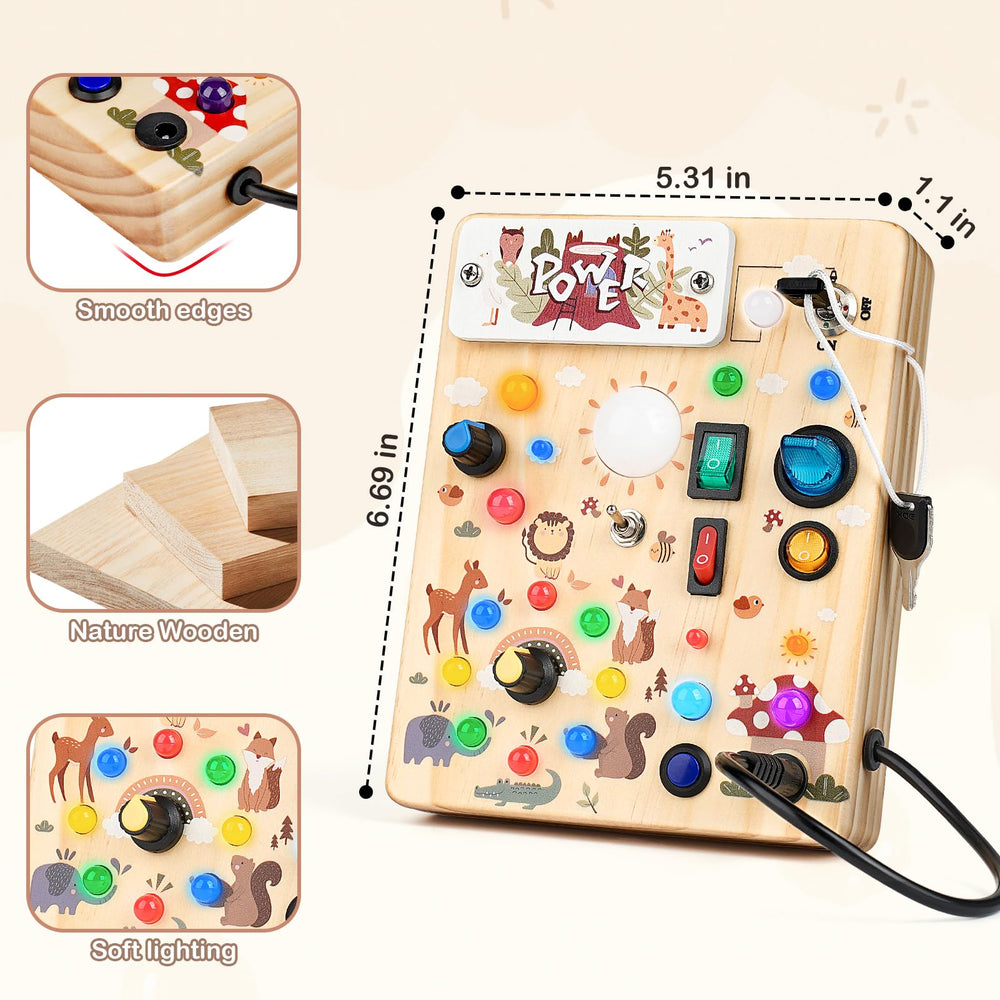 Sanlebi LED Busy Board crafted from wood with rounded edges.