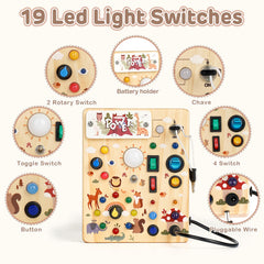 Sanlebi LED Busy Board wooden frame close-up with LEDs for sensory play.