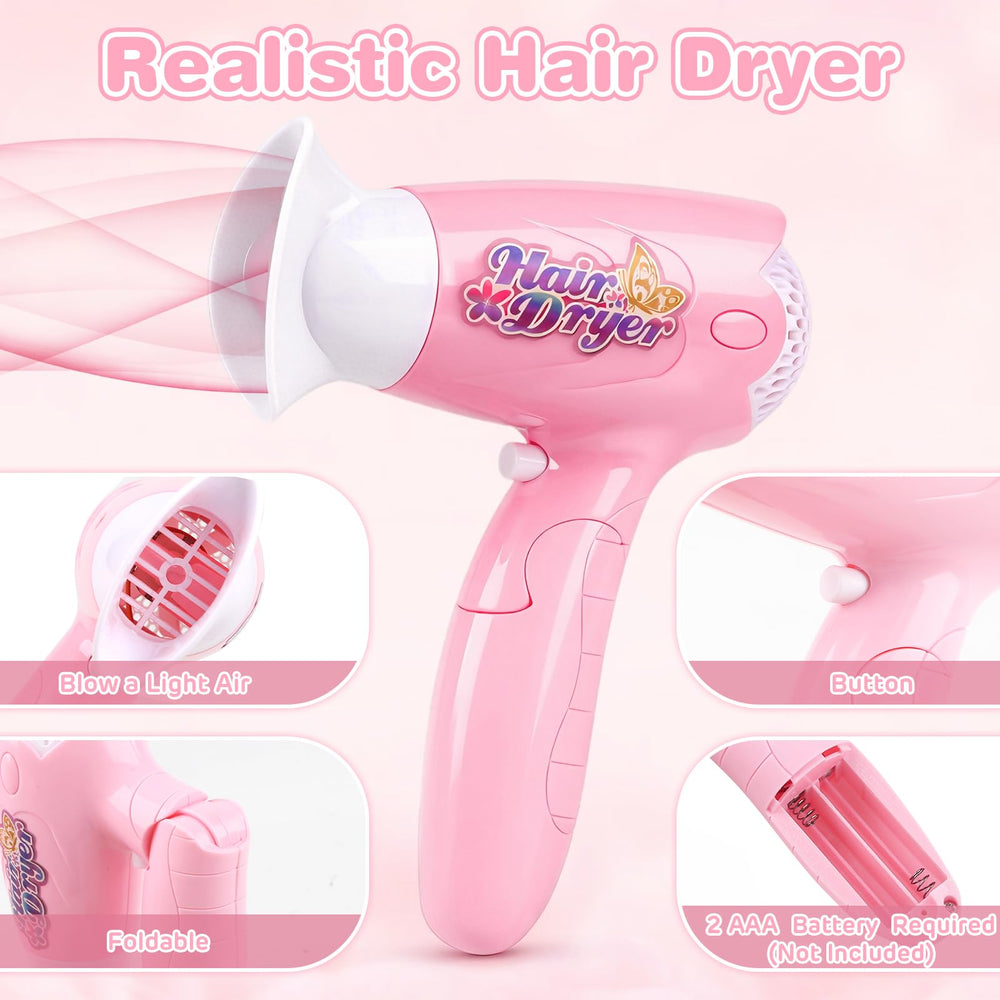 Sanlebi Realistic hair dryer in action for lifelike pretend styling.