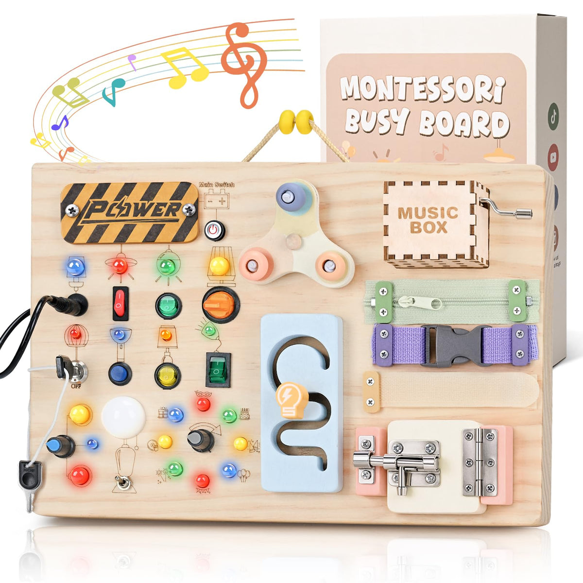 Sanlebi wooden busy board with switches and lights for sensory exploration and motor skills.